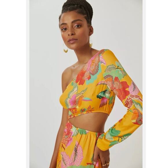 NWOT Anthropologie x Farm Rio Single Shoulder Cutout Maxi Dress S Yellow Floral - Picture 2 of 10